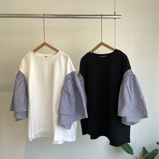 universaltissu//アメリカンコットン天竺ストライプコンボフレアスリーブPO UT262CT021