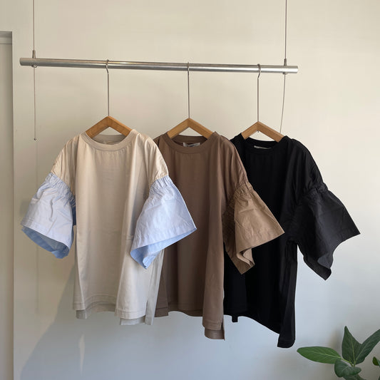 universaltissu //コンパクトクールローレル天竺バイカラーギャザースリーブTシャツ　US253CT002
