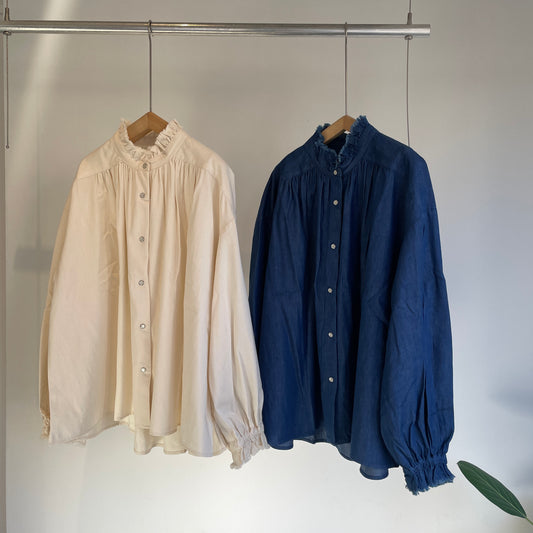 handsofcreation//5.0ZベンベルグウールデニムフリルカラーBL 02610602